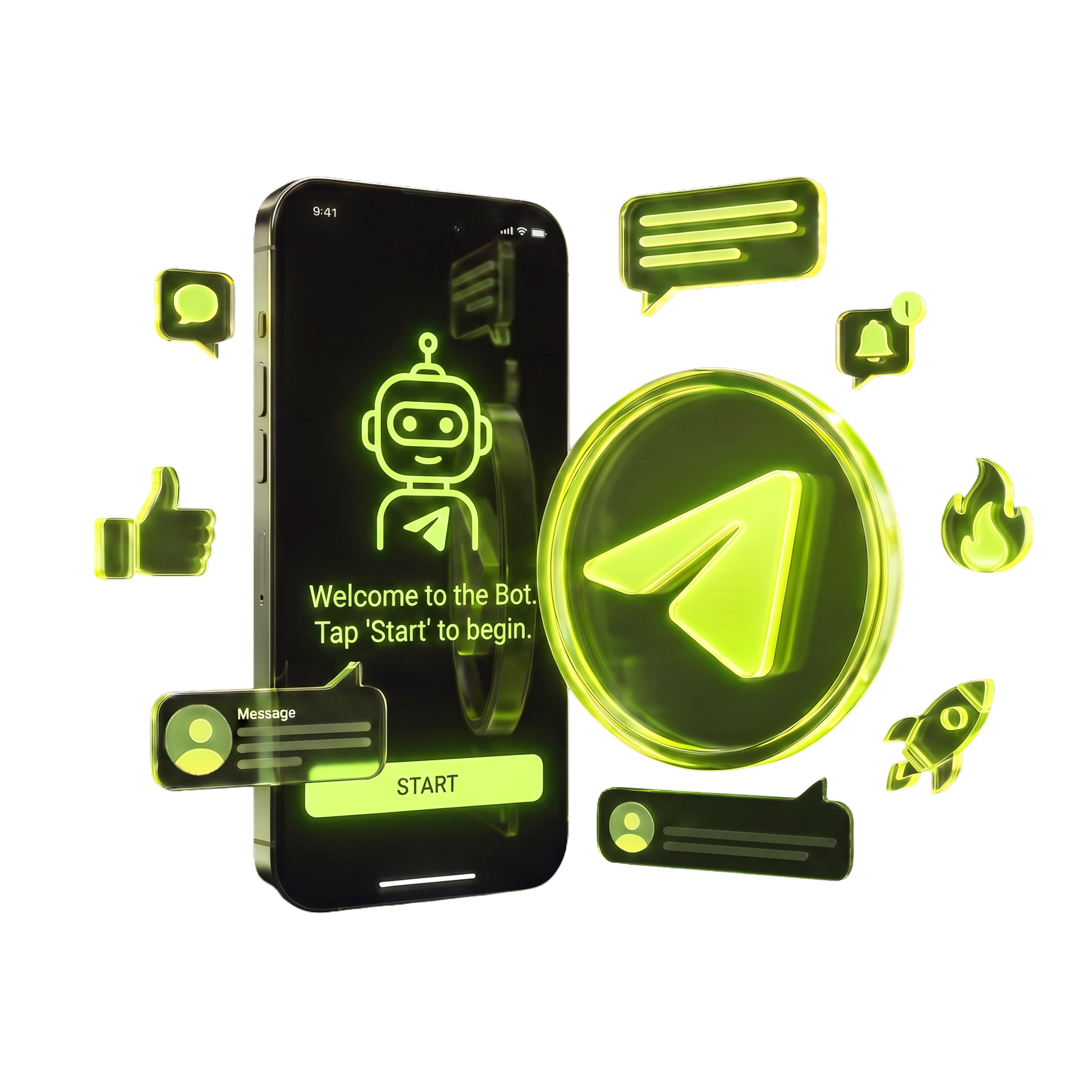 Telegram channel setup visual with phone, Telegram icon and messaging assets